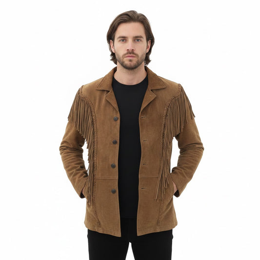 Man wearing a brown fringed jacket on a white background