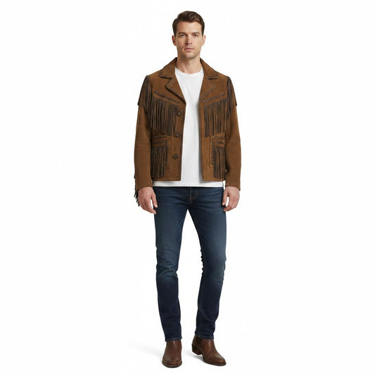 Man wearing a brown suede jacket with fringe details on a white background