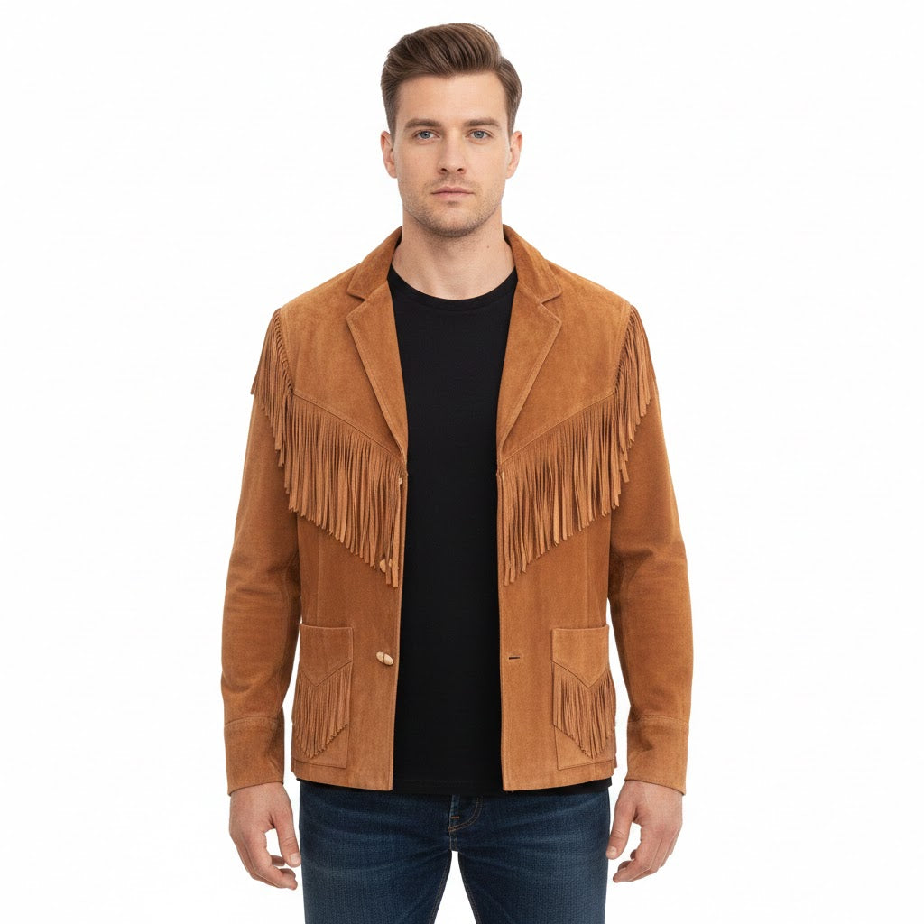 Man wearing a brown suede jacket with fringe details on a white background