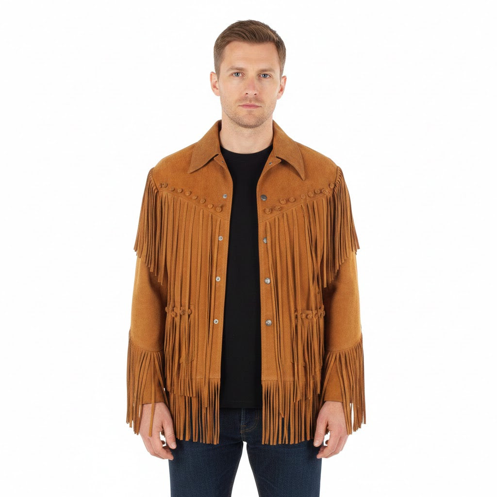 Man wearing a brown suede fringe jacket on a white background