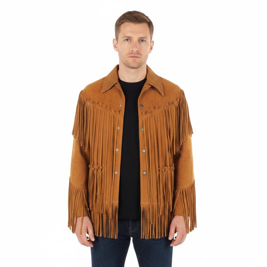 Man wearing a brown suede fringe jacket on a white background