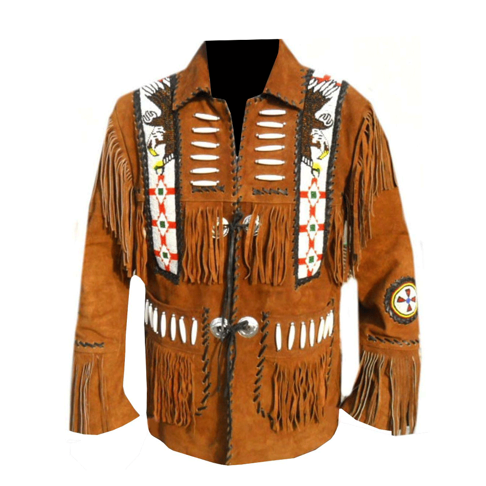 Western Brown Suede Leather Fringe Beaded Jacket Cowboy Jacket LWJ1330