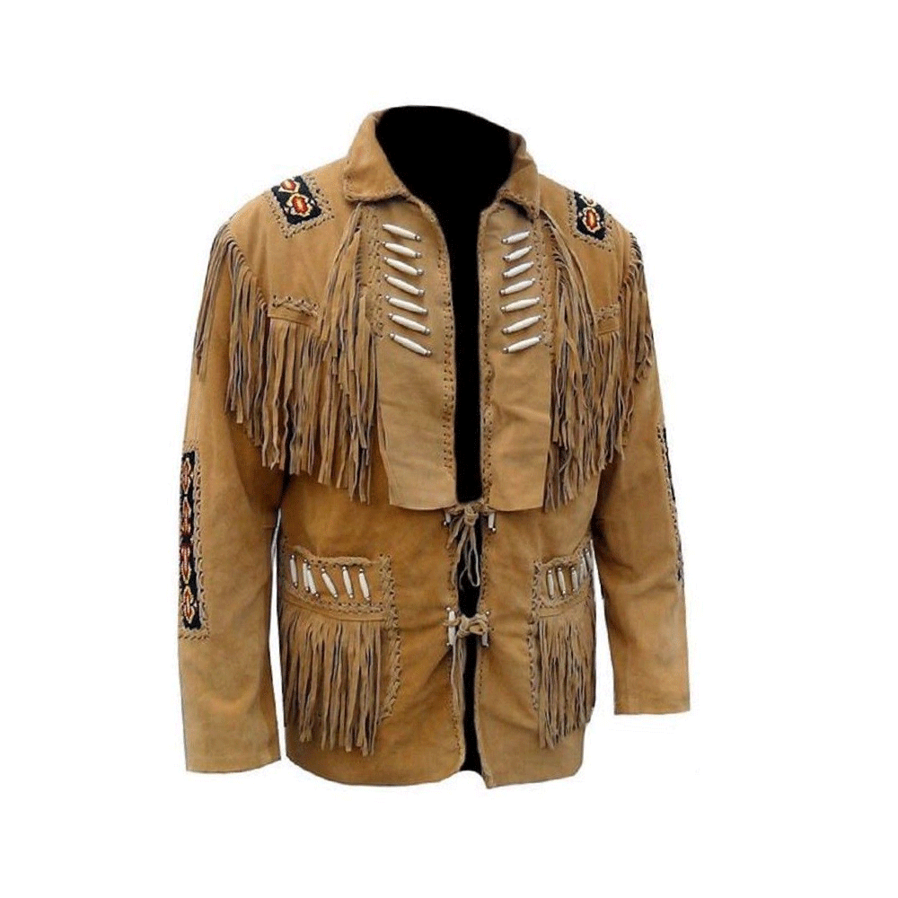 Western Brown Suede Leather Fringe Beaded Jacket Cowboy Jacket LWJ1370