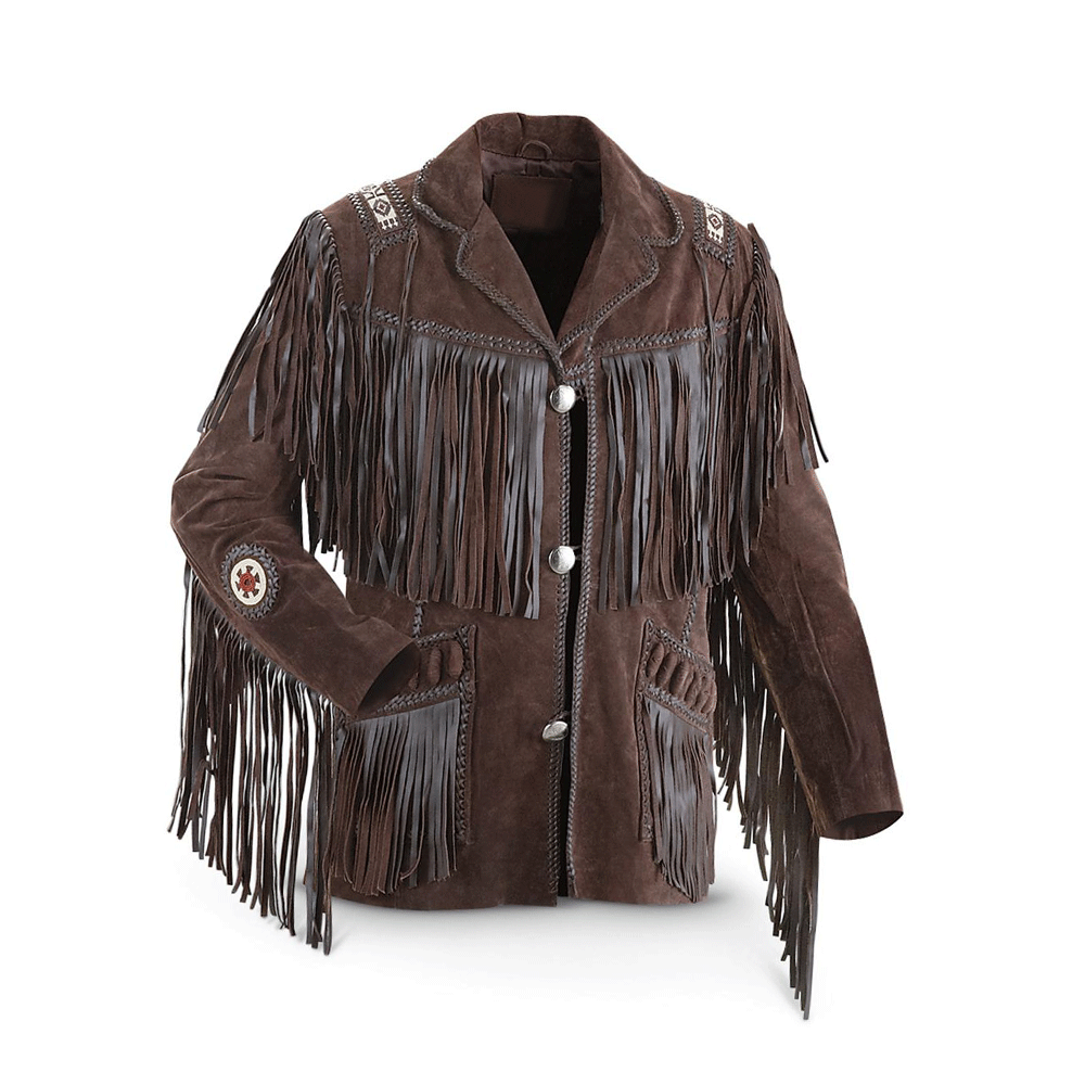 Western Brown Suede Leather Fringe Beaded Jacket Cowboy Jacket LWJ1500