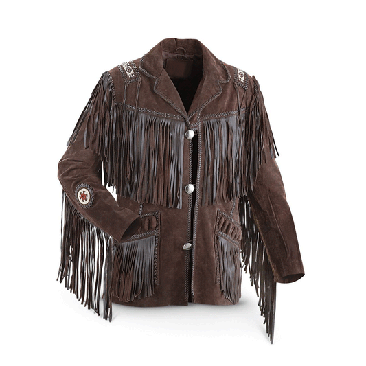 Western Brown Suede Leather Fringe Beaded Jacket Cowboy Jacket LWJ1500