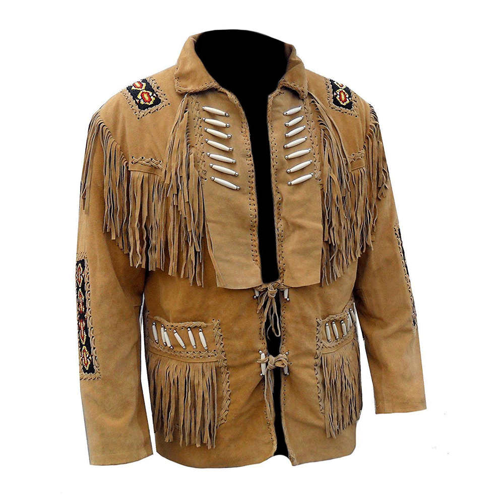 Western Brown Suede Leather Fringe Beaded Jacket Cowboy Jacket LWJ1370