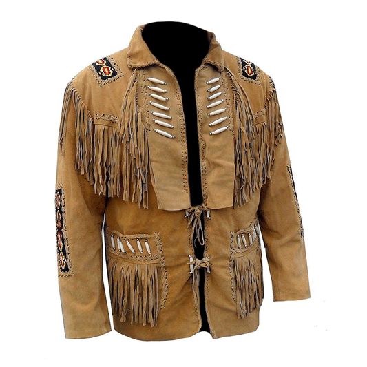 Western Brown Suede Leather Fringe Beaded Jacket Cowboy Jacket LWJ1370