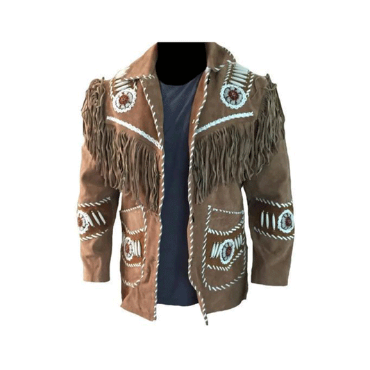 Western Brown Suede Leather Fringe Beaded Jacket Cowboy Jacket LWJ1440