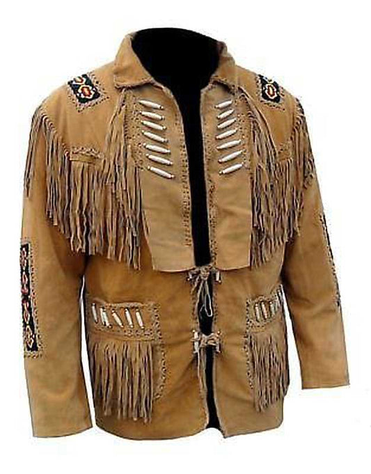 Western Brown Suede Leather Fringe Beaded Jacket Cowboy Jacket LWJ2060