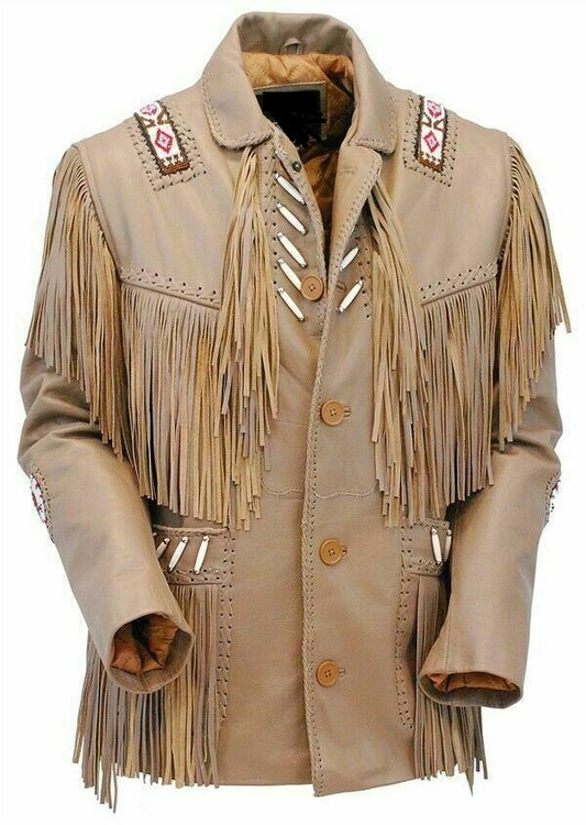Western Brown Fringe Beaded Leather Jacket Cowboy Jacket LWJ1240