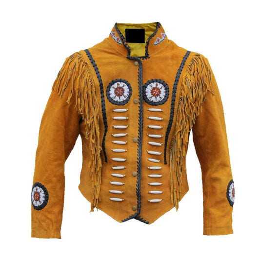 Western Brown Suede Leather Fringe Beaded Jacket Cowboy Jacket LWJ2160