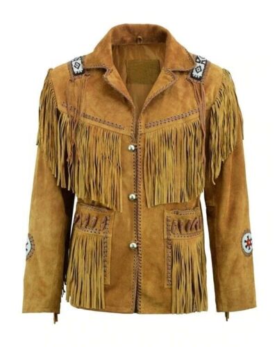 Western Brown Suede Leather Fringe Beaded Jacket Cowboy Jacket LWJ1970