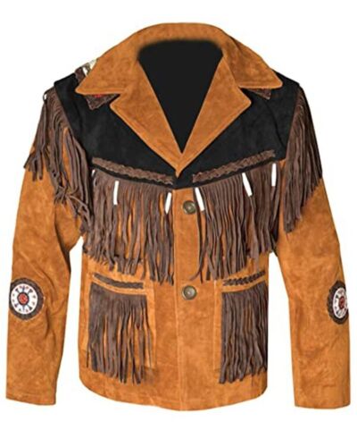 Western Brown Suede Leather Fringe Beaded Jacket Cowboy Jacket LWJ1530