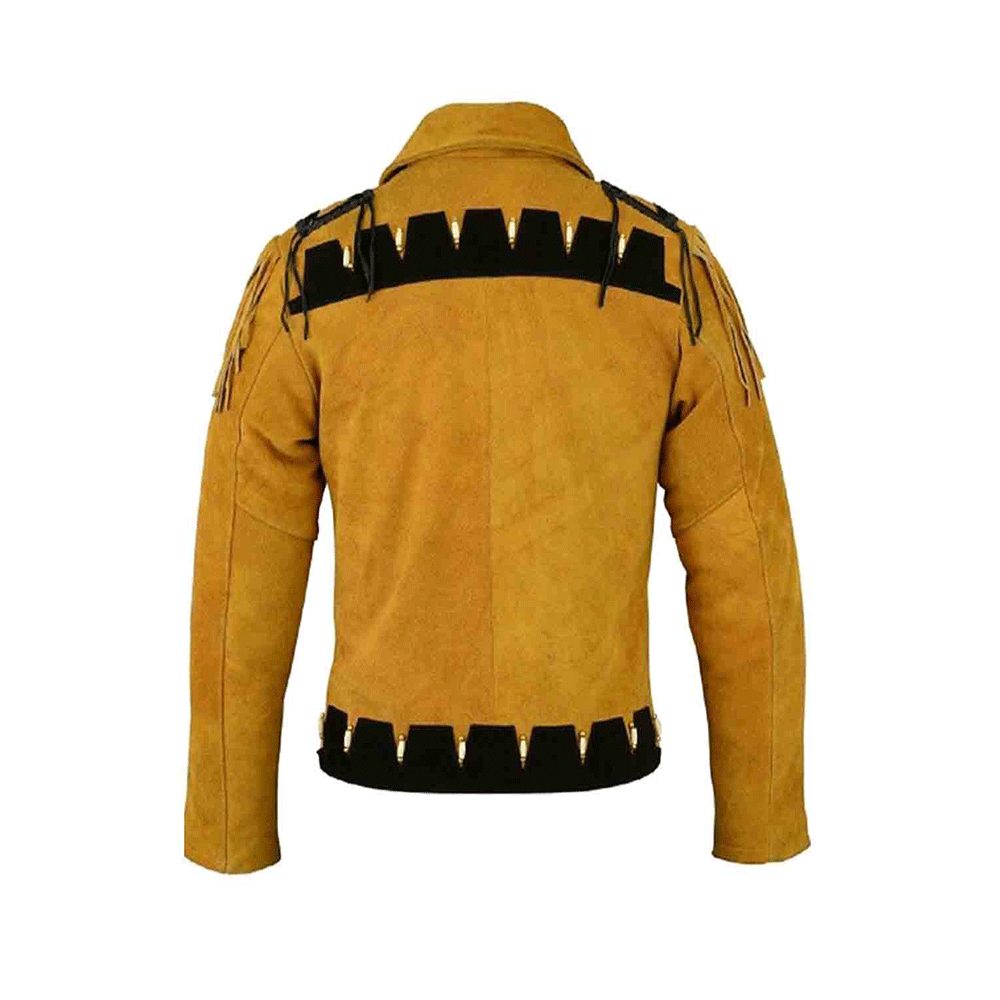 Western Yellow Fringe Bone Suede Leather Jacket Cowboy Jacket LWJ8830