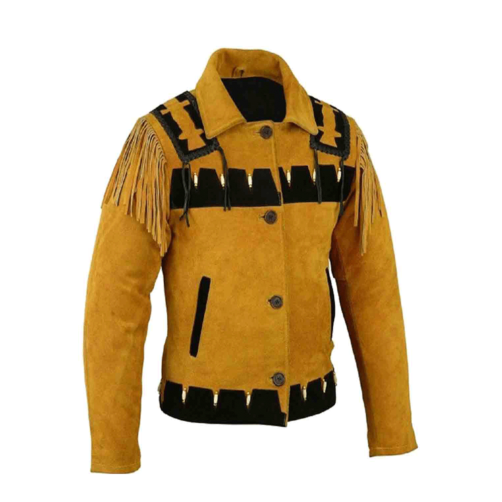 Western Yellow Fringe Bone Suede Leather Jacket Cowboy Jacket LWJ8830