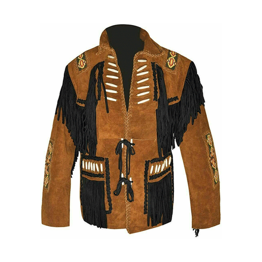 Western Brown Suede Leather Fringe Beaded Jacket Cowboy Jacket LWJ2040