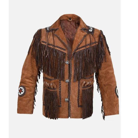 Western Brown Suede Leather Fringe Beaded Jacket Cowboy Jacket LWJ2030