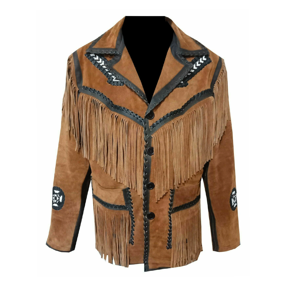 Western Brown Suede Leather Fringe Beaded Jacket Cowboy Jacket LWJ1630