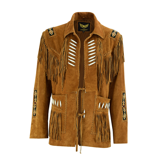 Western Brown Suede Leather Fringe Beaded Jacket Cowboy Jacket LWJ2010