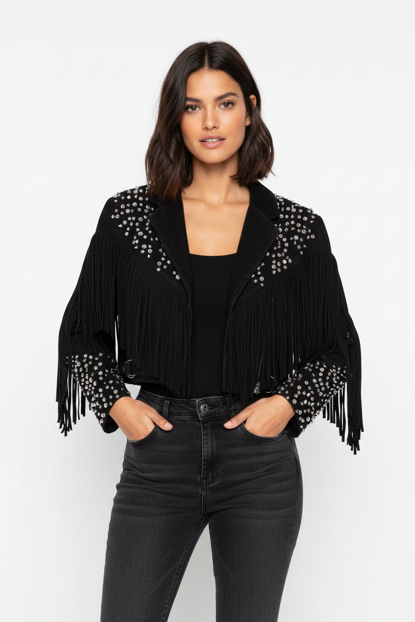 Black fringe jacket with studded details on a white background