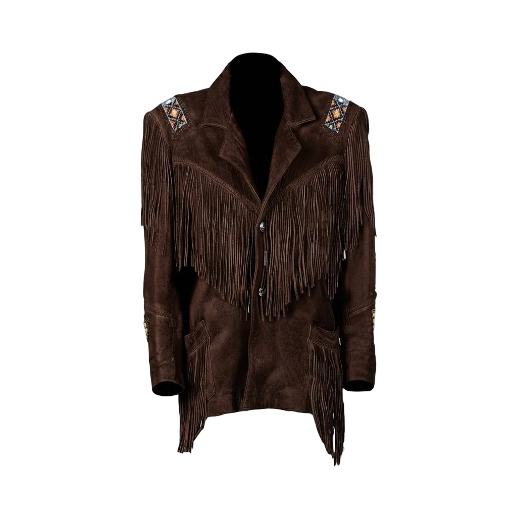 A dark brown suede fringe jacket with geometric beaded details on the shoulders, shown against a plain white background.