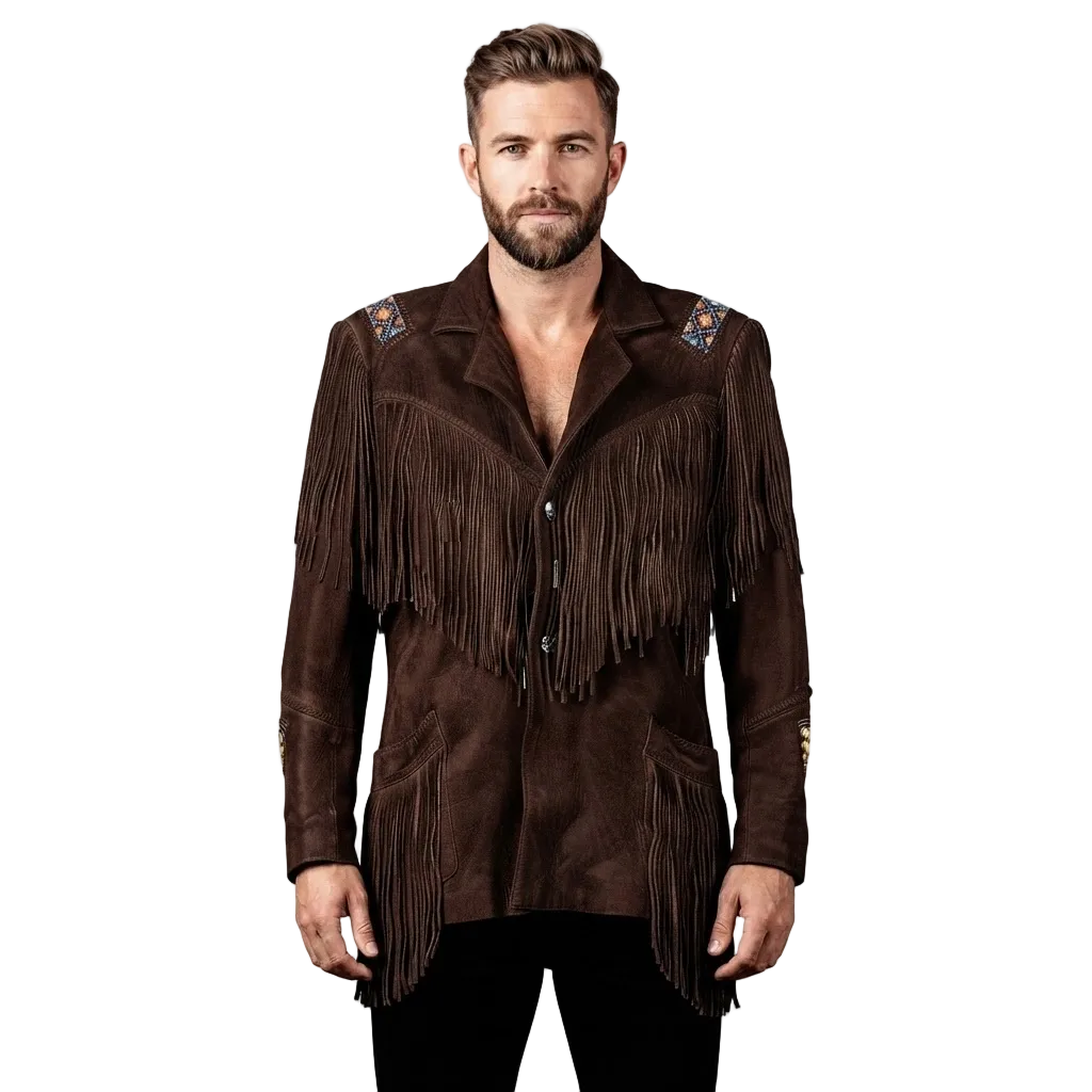 A man wearing a dark brown suede fringe jacket with embroidered details on the shoulders, photographed against a solid white background.