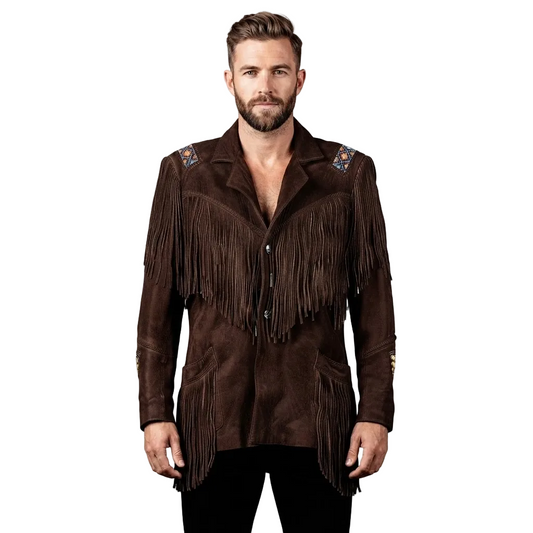 A man wearing a dark brown suede fringe jacket with embroidered details on the shoulders, photographed against a solid white background.