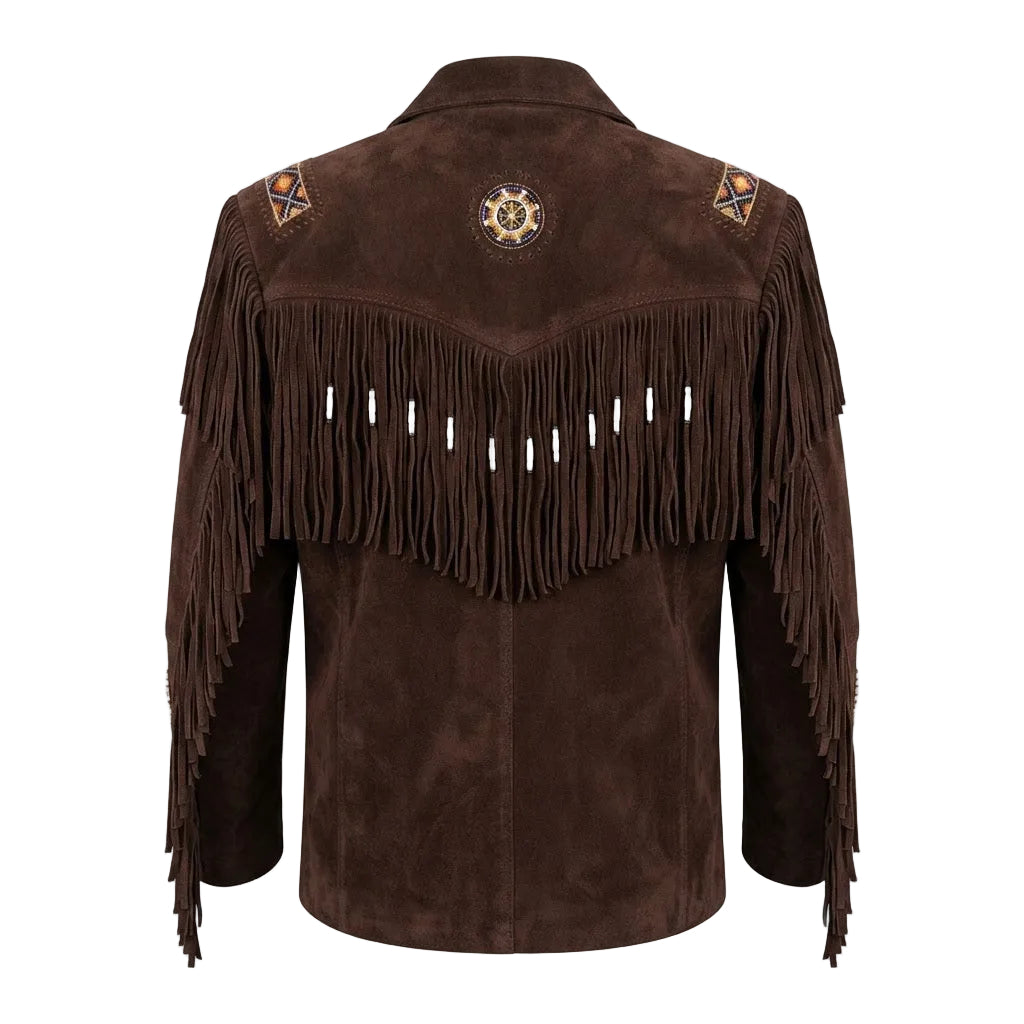 A dark brown suede fringe jacket shown from the back, featuring a large fringed yoke, embroidered shoulder patches, and a circular embroidered design on the upper back.
