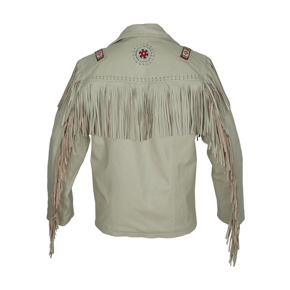 Western Beige Leather Fringe Beaded Jacket LWJ506