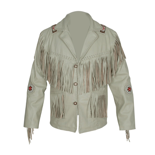 Western Beige Leather Fringe Beaded Jacket LWJ506