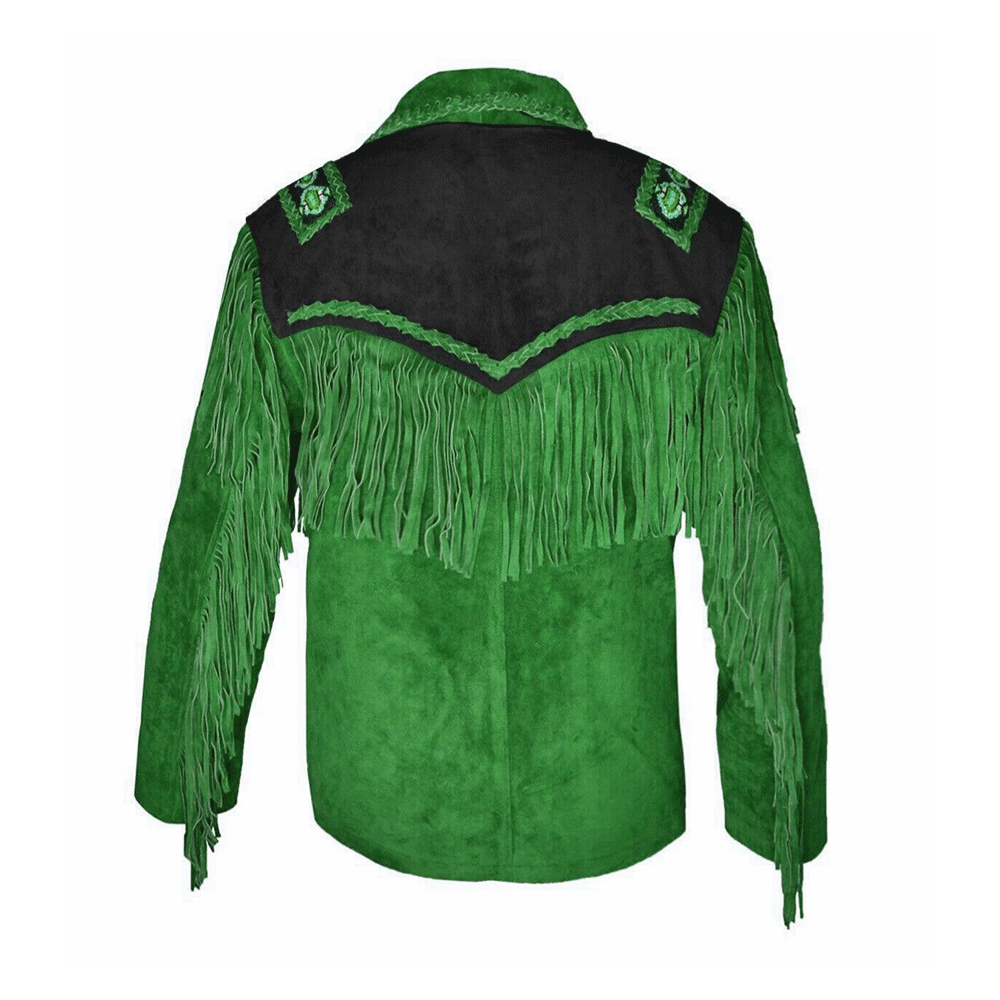 Western Green Suede Leather Fringe Beaded Jacket LWJ751