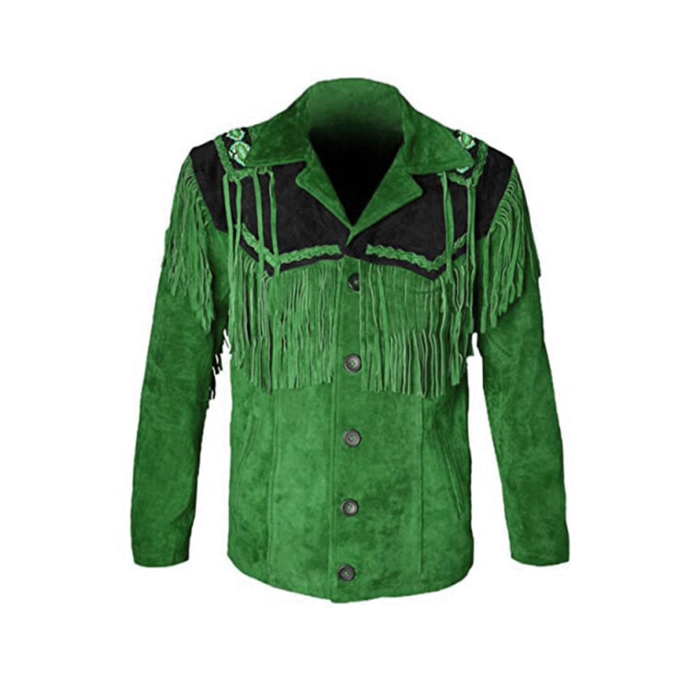 Western Green Suede Leather Fringe Beaded Jacket LWJ751