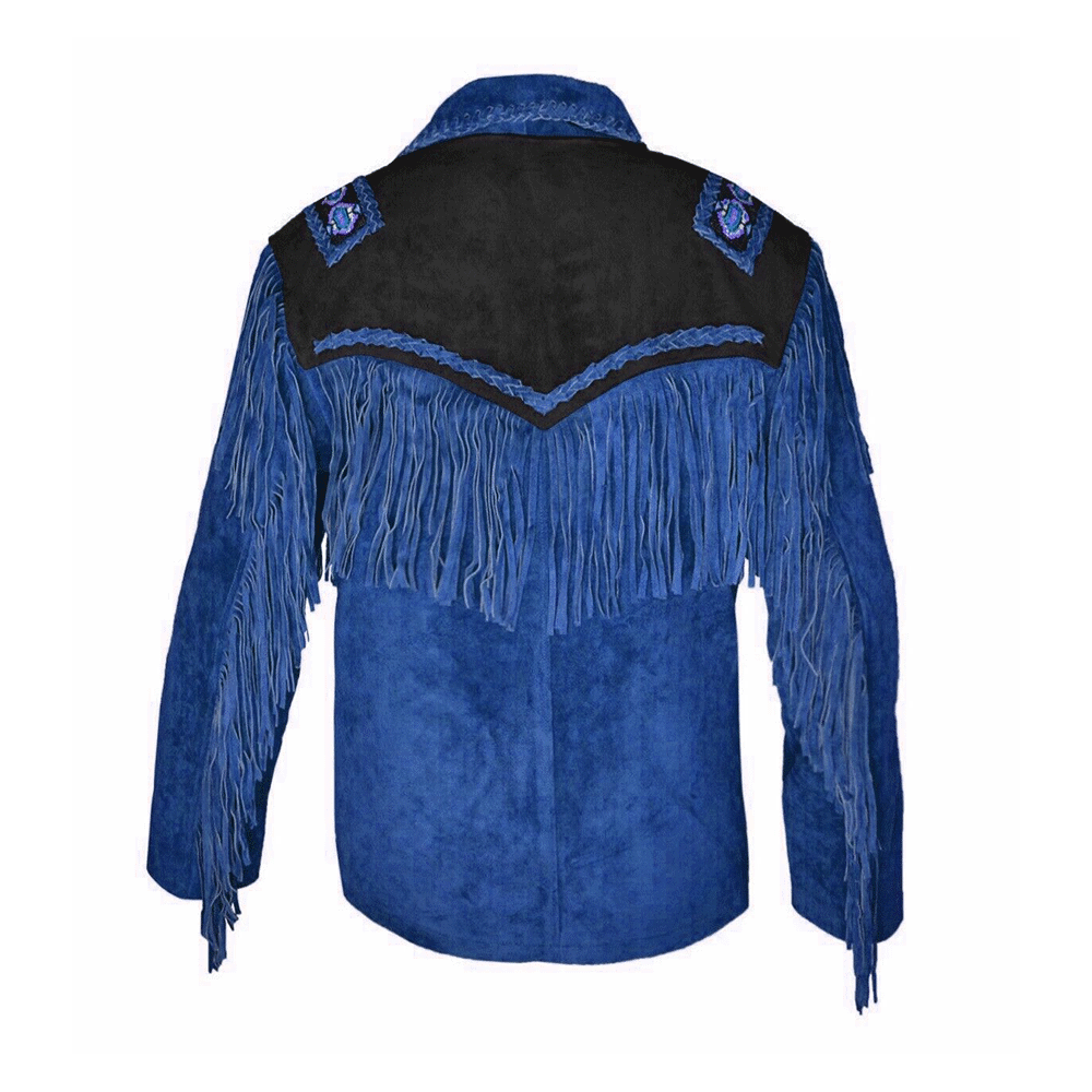 Western Blue Suede Leather Fringe Beaded Jacket COWBOY Jacket LWJ705