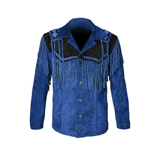 Western Blue Suede Leather Fringe Beaded Jacket LWJ705