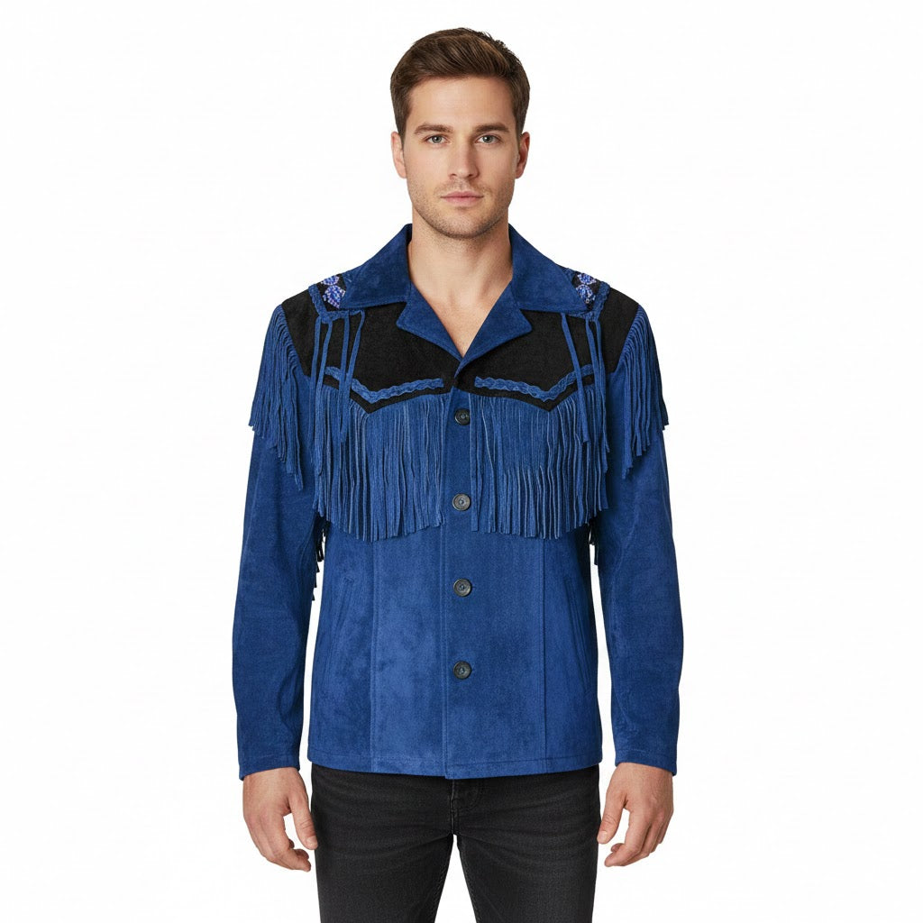 Man wearing a blue fringed jacket on a white background