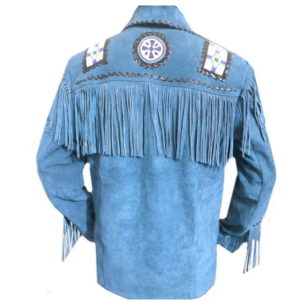 Western Blue Suede Leather Fringe Eagle Beaded Jacket LWJ706