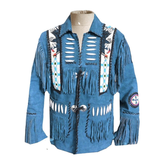 Western Blue Suede Leather Fringe Eagle Beaded Jacket LWJ706