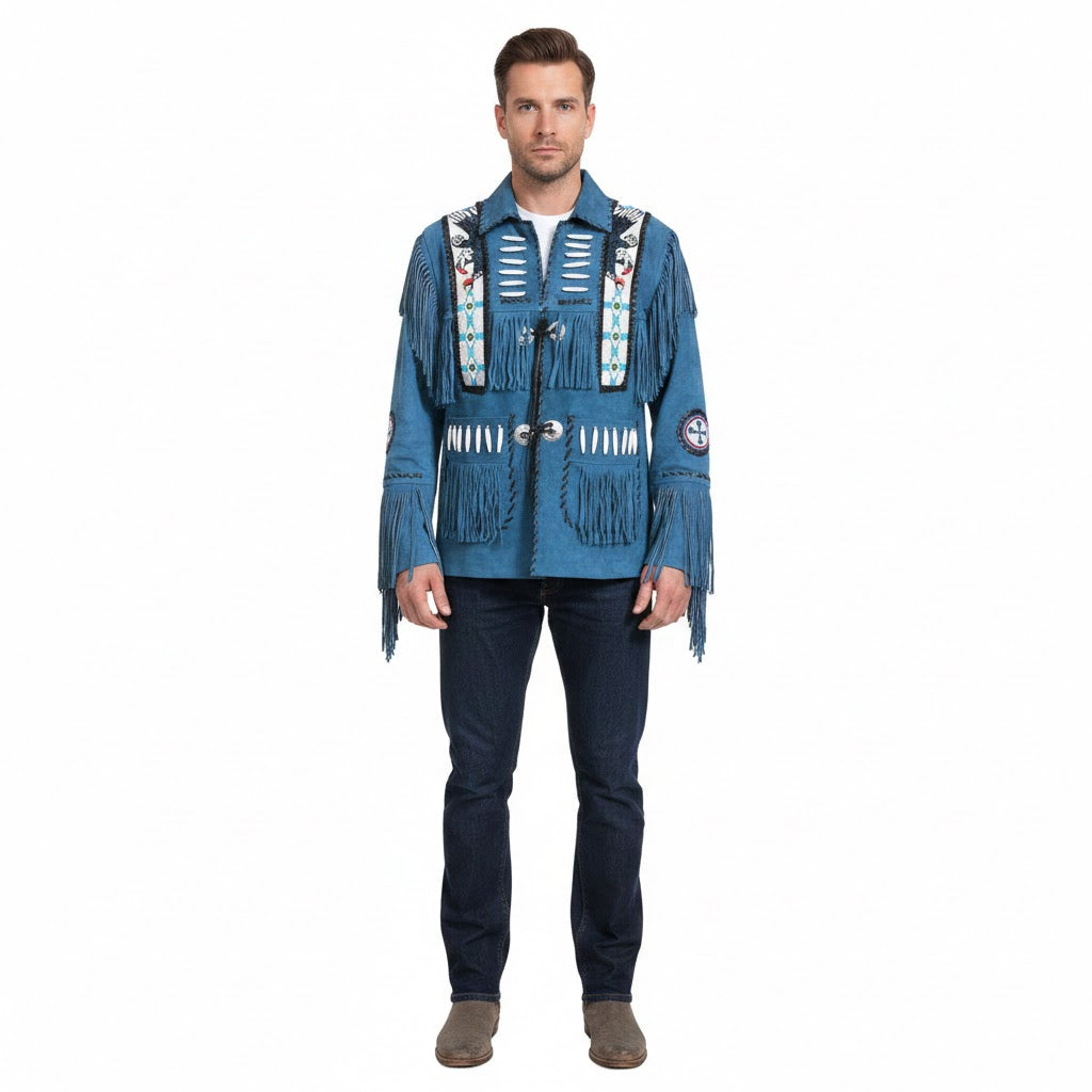 Man wearing a blue fringed jacket with decorative elements on a white background