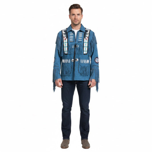 Man wearing a blue fringed jacket with decorative elements on a white background