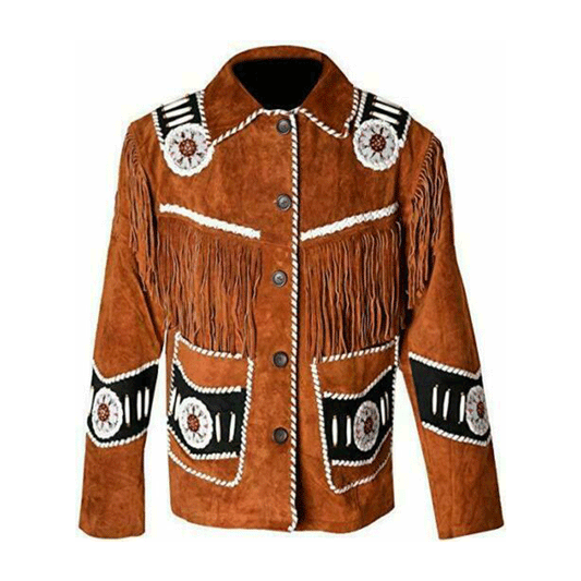 Western Brown Suede Leather Fringe Beaded Jacket Cowboy Jacket LWJ1640