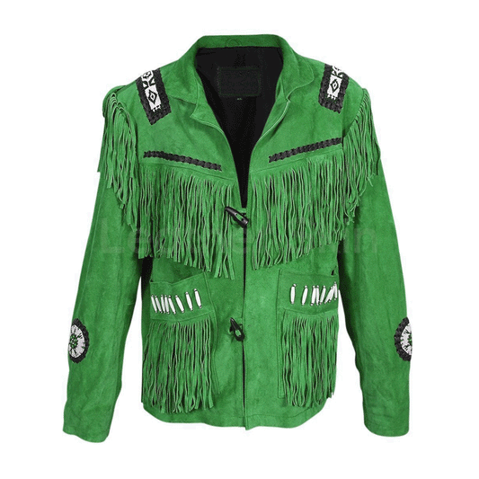 Western Green Suede Leather Fringe Beaded Jacket Cowboy Jacket LWJ7520