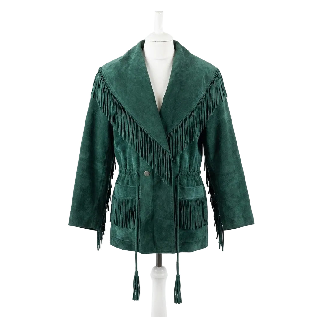 Green suede jacket with fringe details on a mannequin against a white background