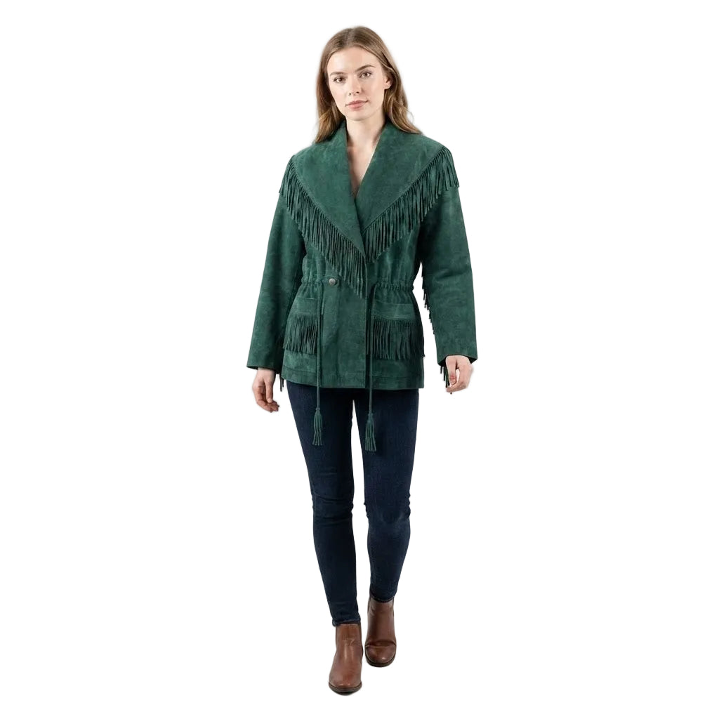 A person wear green suede leather jacket with fringes on a white background