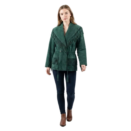 A person wear green suede leather jacket with fringes on a white background