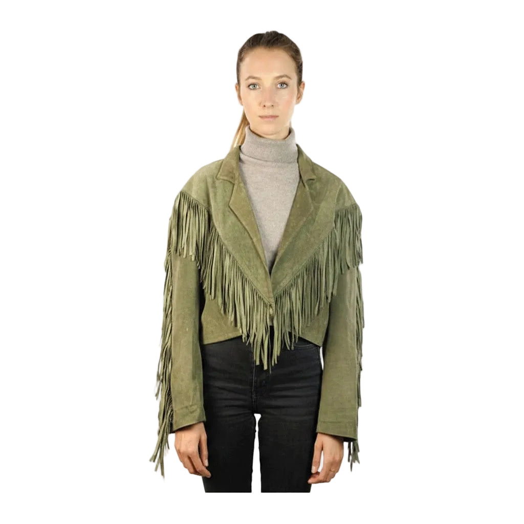 Woman wearing a green fringed jacket on a white background