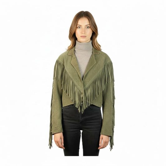 Woman wearing a green fringe jacket on a white background