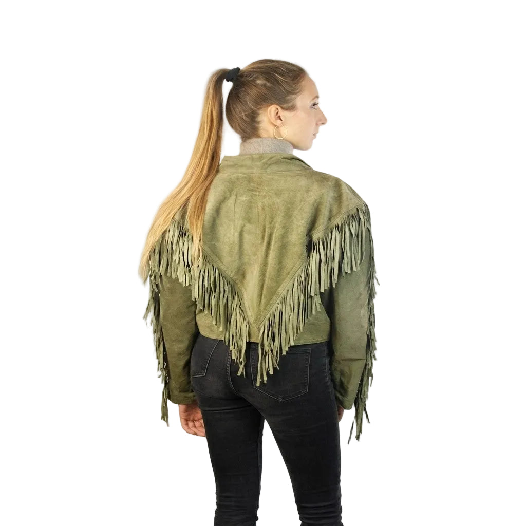 Person wearing a green fringed jacket on a white background
