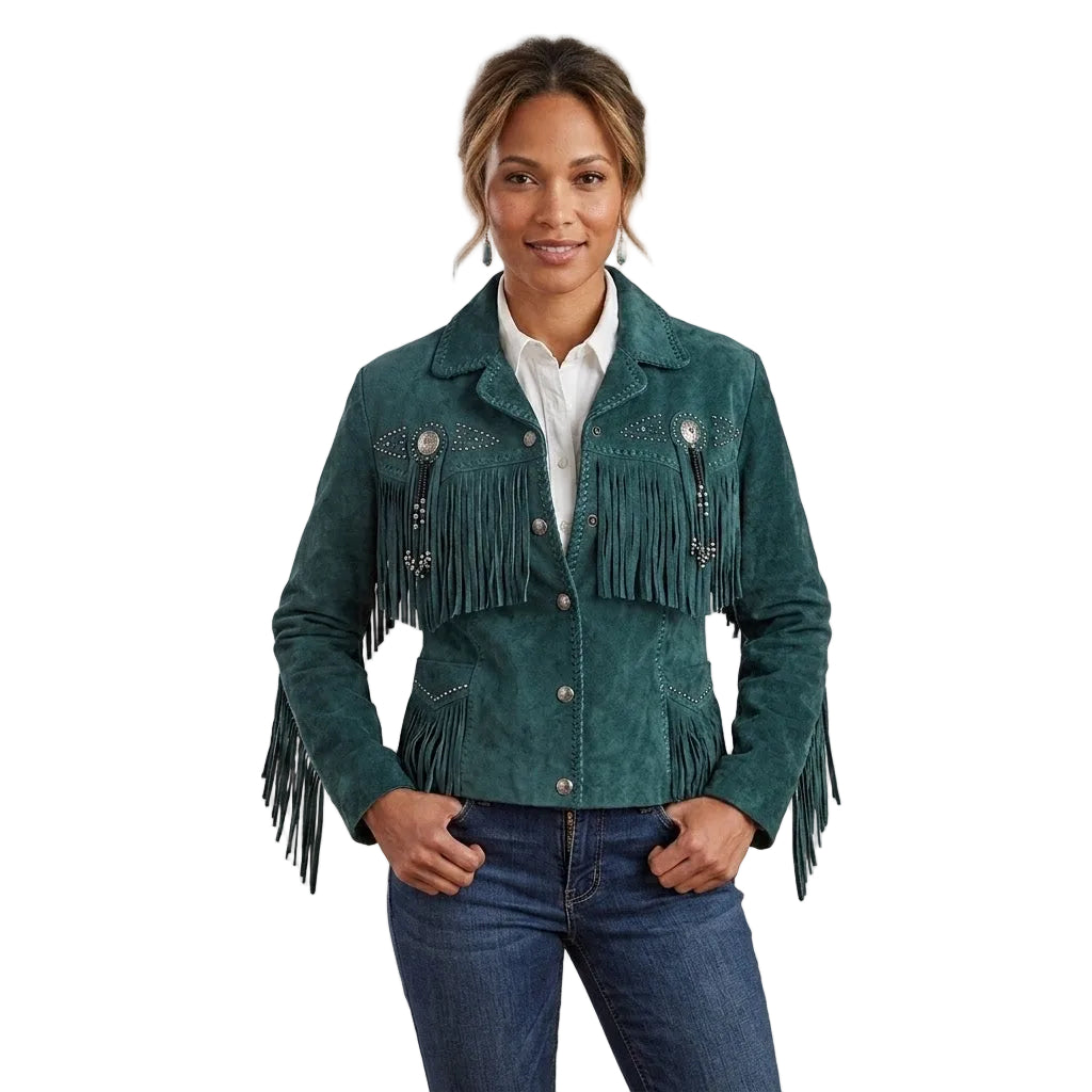Woman wearing a green suede jacket with fringe details on a white background