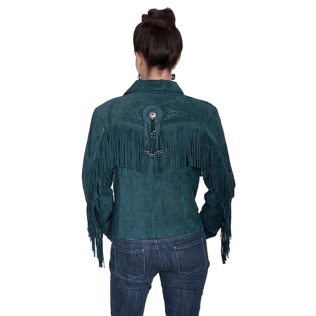 Teal suede jacket with fringe and embroidery on a white background