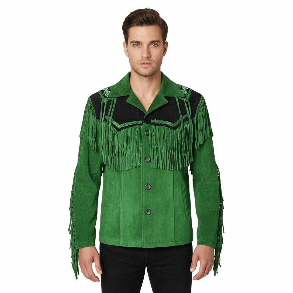 Green fringed jacket worn by a model on a white background